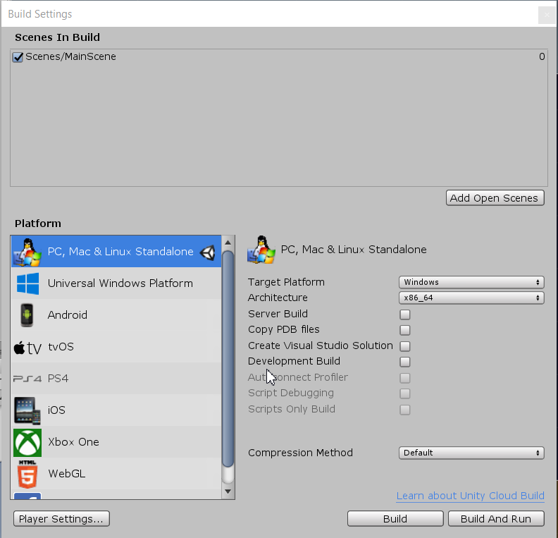Unity Editor - Build Settings: selecting build target